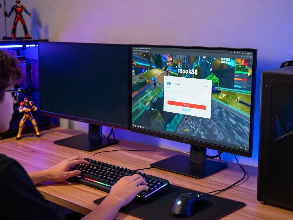 User engaging with rokok88 login on a high-resolution gaming monitor in a vibrant gaming setup.