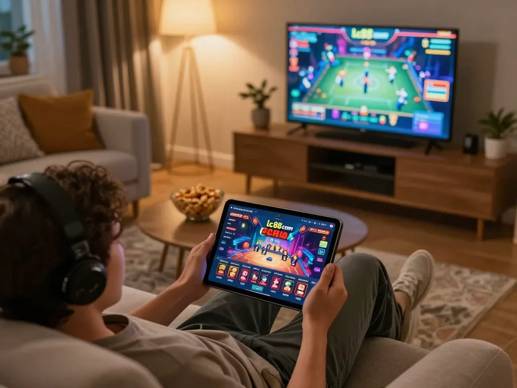 Engaging in online gaming on lc88 com app, enjoying a vibrant home atmosphere with warm lighting and snacks