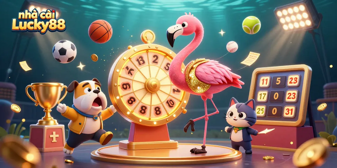 nhà cái Lucky88 celebrates exciting wins with a dynamic 3D illustration featuring a flamingo game show host.