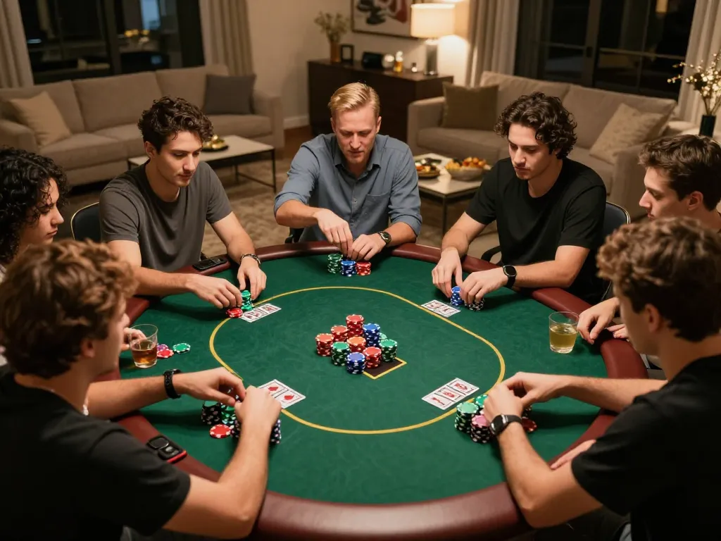 Enjoying a thrilling poker game at home with friends, showcasing dynamic gameplay at UU88 com.