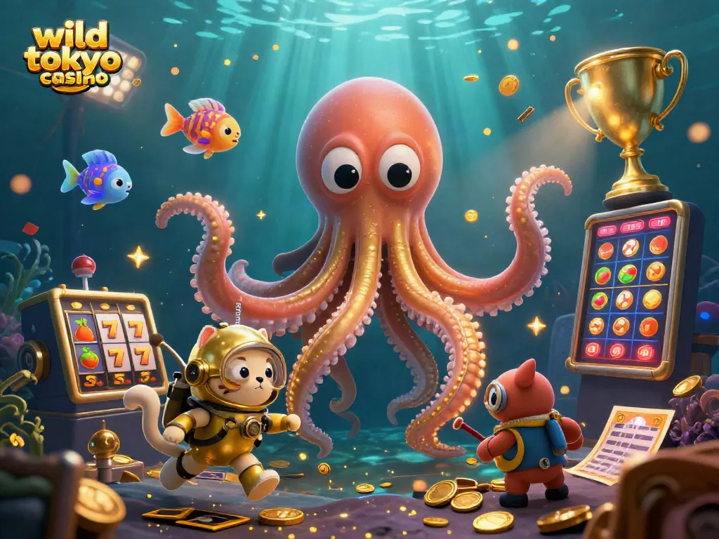 Experience the thrill at wild tokyo casino with a vibrant scene of a kraken, diving cat, and gaming excitement.