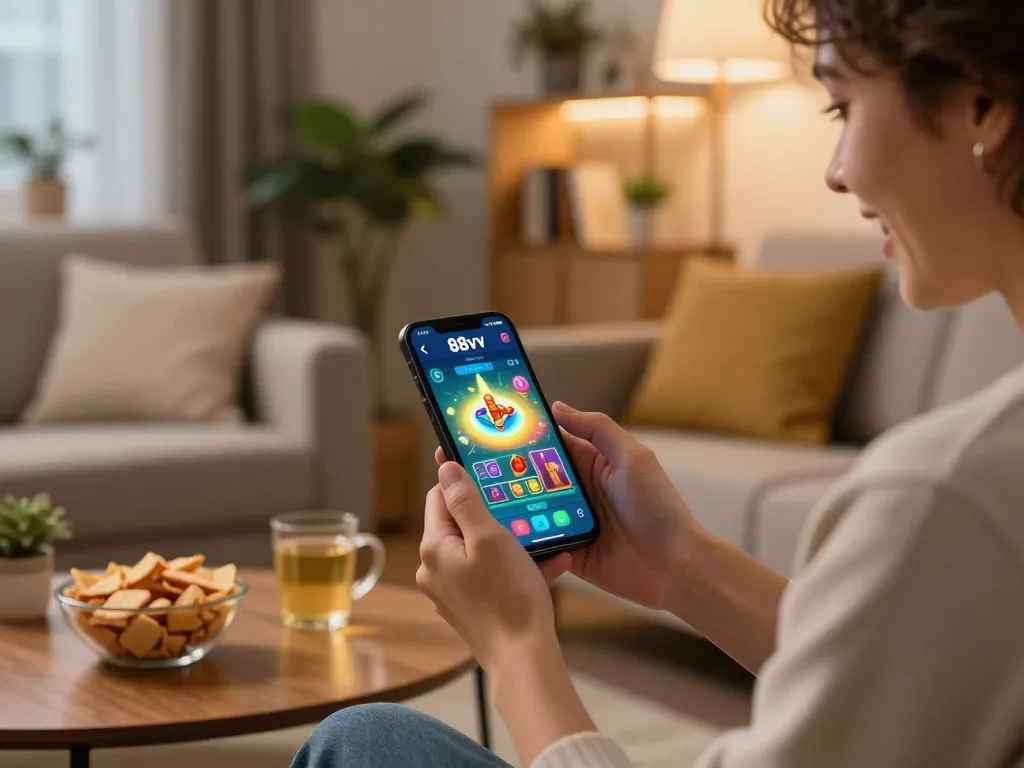 Engaged player exploring the 88vv app for online gambling in a cozy living room.