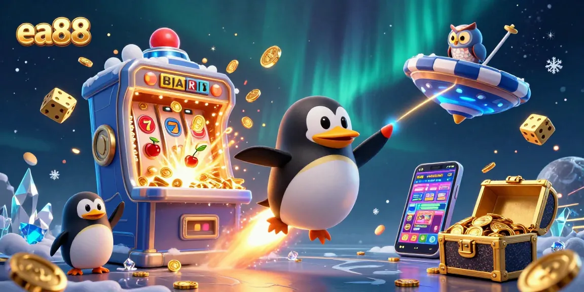 Experience exhilarating gameplay in a vibrant EA88 casino scene with a rocket penguin and jackpot explosion!