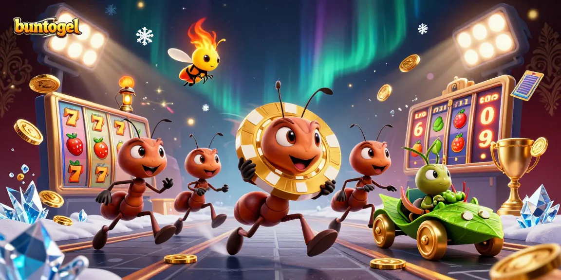 Buntogel showcases ants in a heist with a giant poker chip amid vibrant casino elements, delivering excitement.