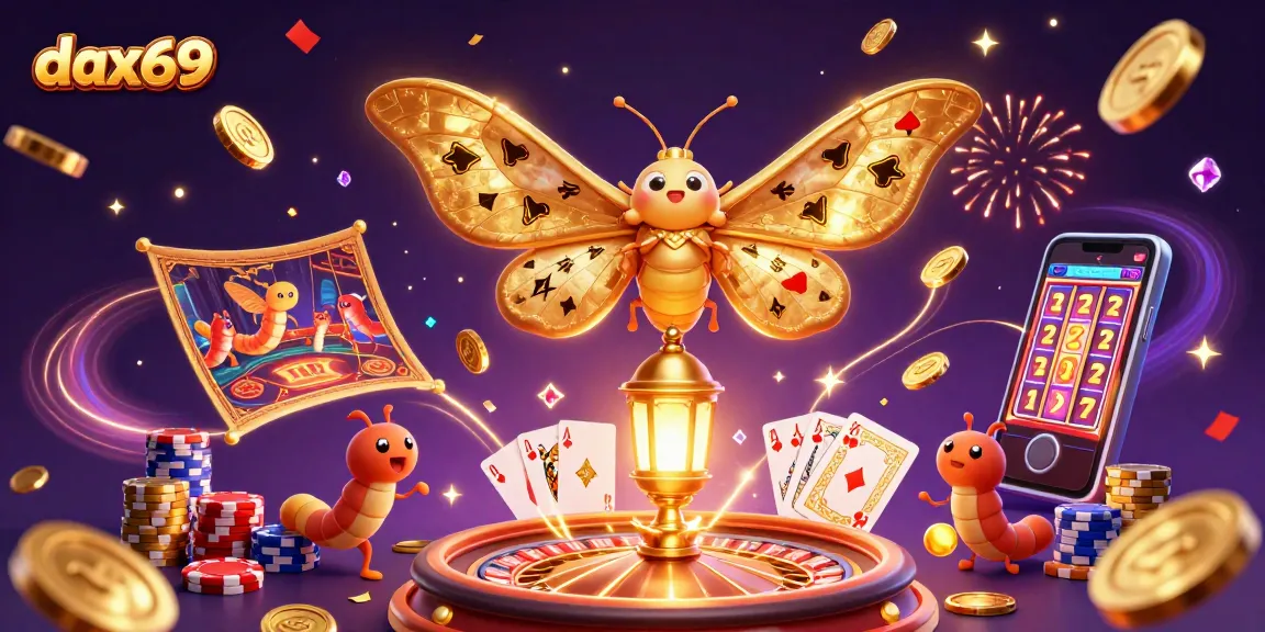Dax69 menampilkan ngengat atlas 3D dengan sayap emas dan suasana kasino yang penuh gemerlap dan tumpukan chip poker