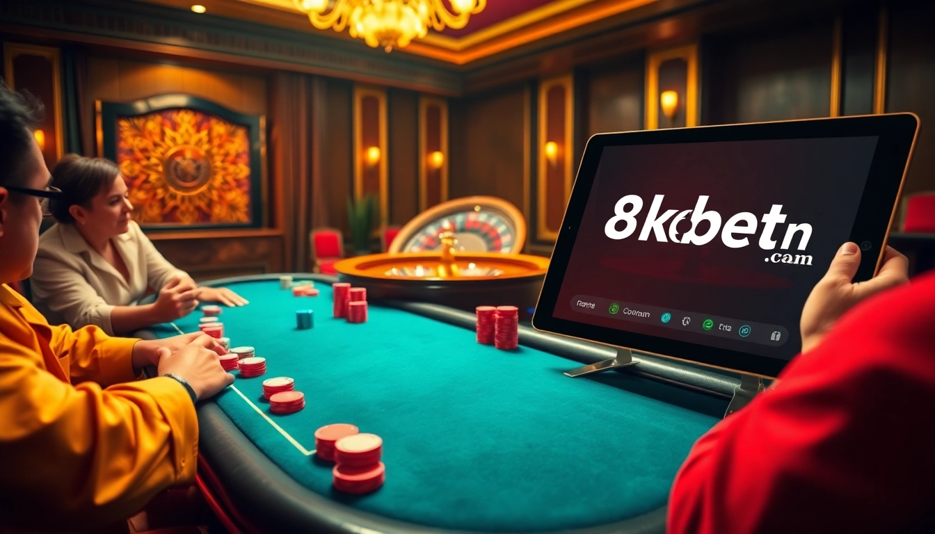Players enjoying a thrilling casino experience at 8kkbet.com with vibrant poker chips and roulette.