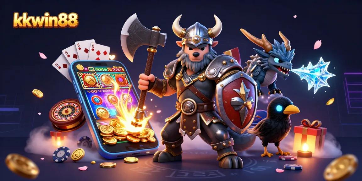 Experience the excitement of kkwin88 with a Viking warrior, dragon, and gaming elements in an exhilarating casino scene.