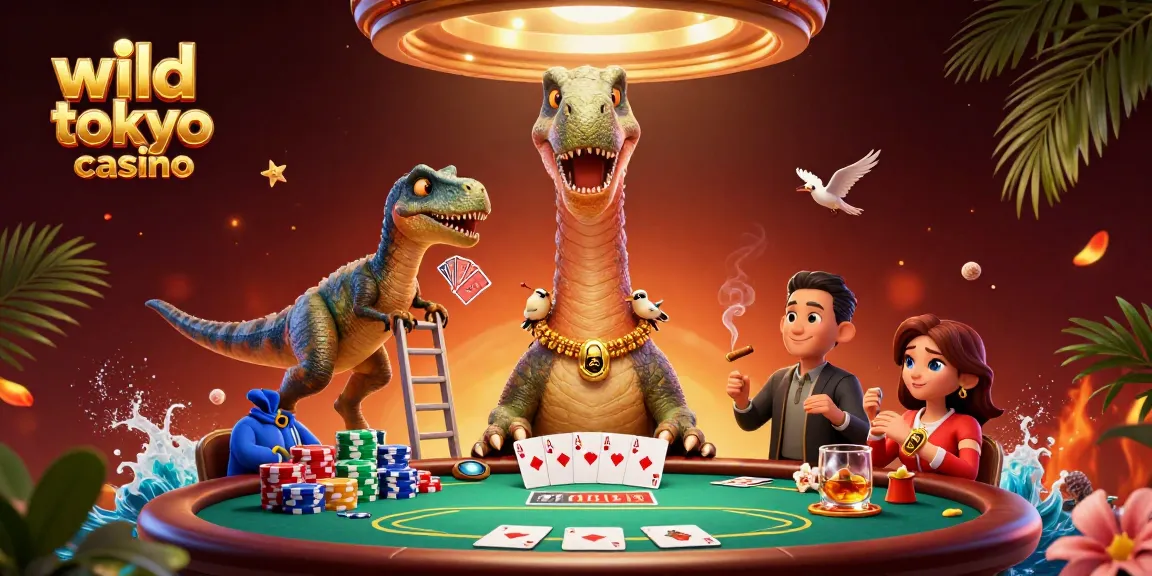 Experience wild tokyo casino with a vibrant poker scene featuring a brontosaurus and clever raptor.