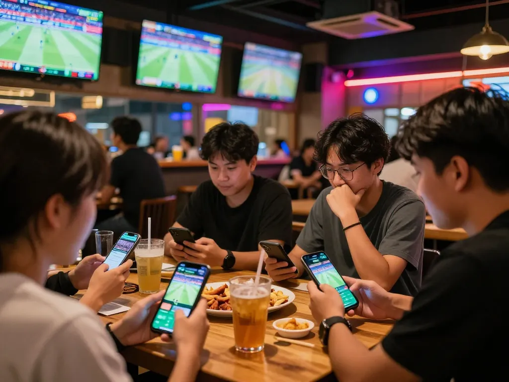 Friends engaged in sports betting using apps, discussing soi keo nha cai strategies with excitement.