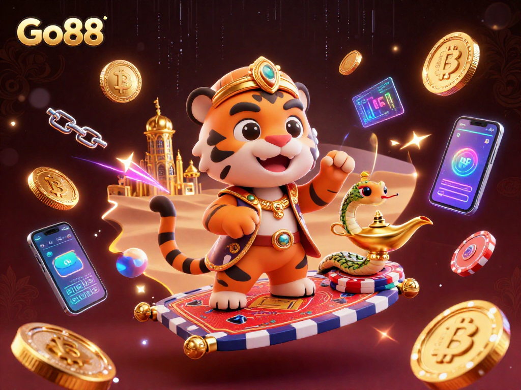Experience exciting gameplay at Go88 with a vibrant 3D cartoon illustration of a tiger sultan and crypto coins.