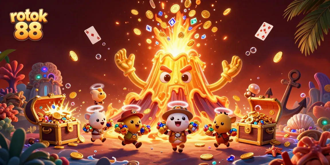 Experience the excitement of rokok 88 as treasure erupts from the golden volcano amidst vibrant casino-themed elements.