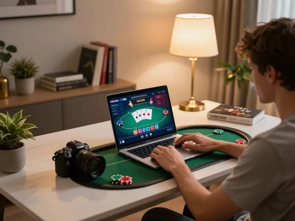 Engaging in online gambling at home with HELLO88 poker displayed on the laptop screen