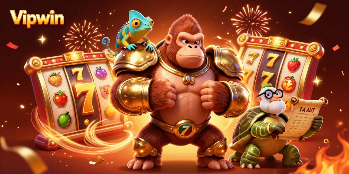 Experience thrilling slot action with Vipwin's vibrant 3D casino art, featuring a gorilla in golden armor and lucky symbols.