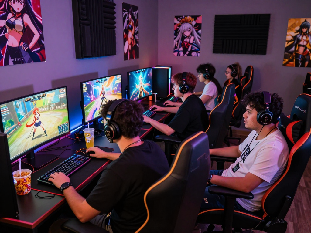 Engaged players enjoying hentai games in a vibrant gaming setup, showcasing dynamic anime graphics.