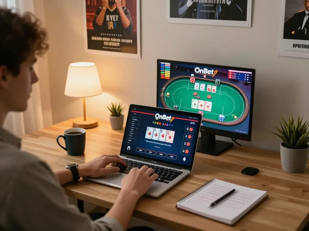 Engaging with OnBet games in a cozy home setup, highlighting strategic gameplay.