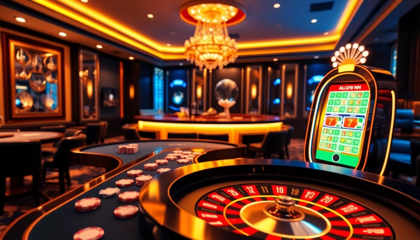 Engage in thrilling games at ALO789 VN, featuring poker, roulette, and slot machines in a luxury casino setting.