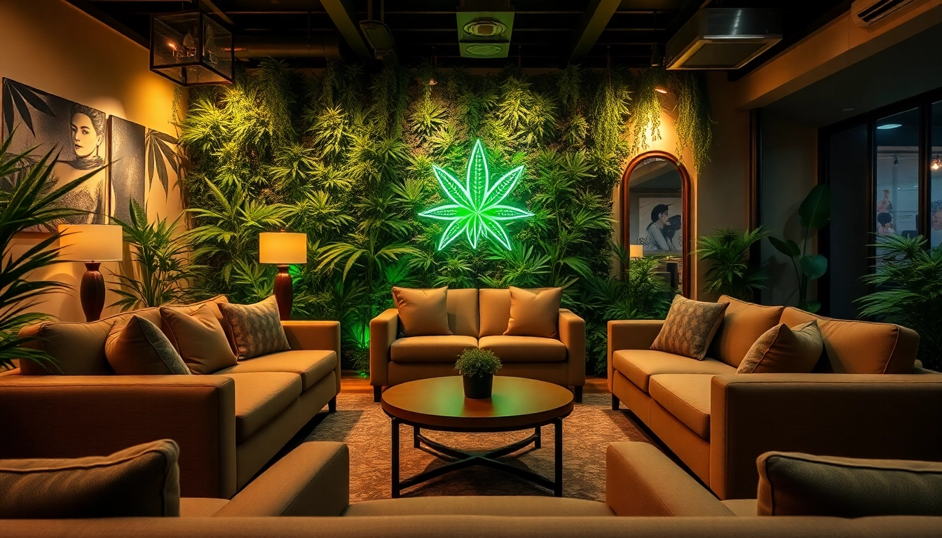 Clubs Cannabis Lloret De Mar offrant une ambiance accueillante avec des sièges confortables et des lumières chaleureuses.