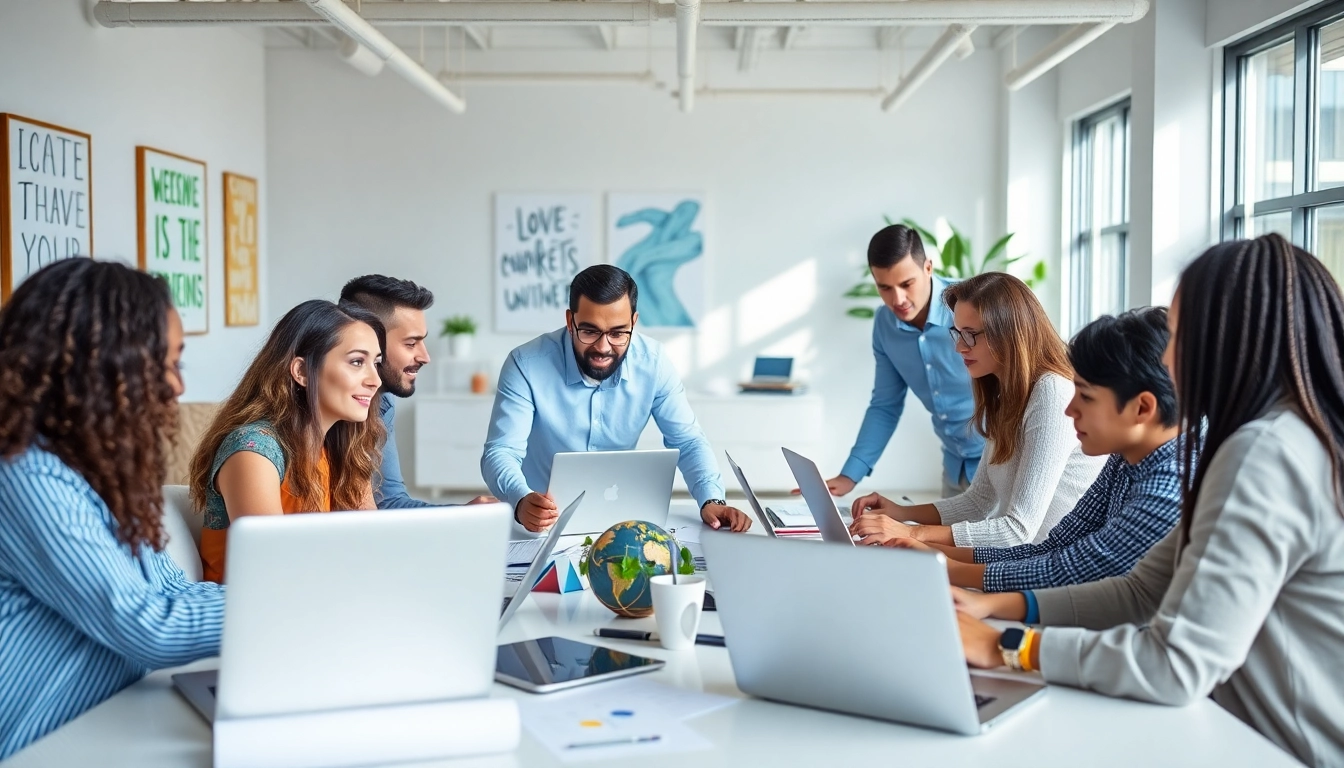 Marketing Agency team collaborating in a vibrant office setting, fostering creativity and teamwork.