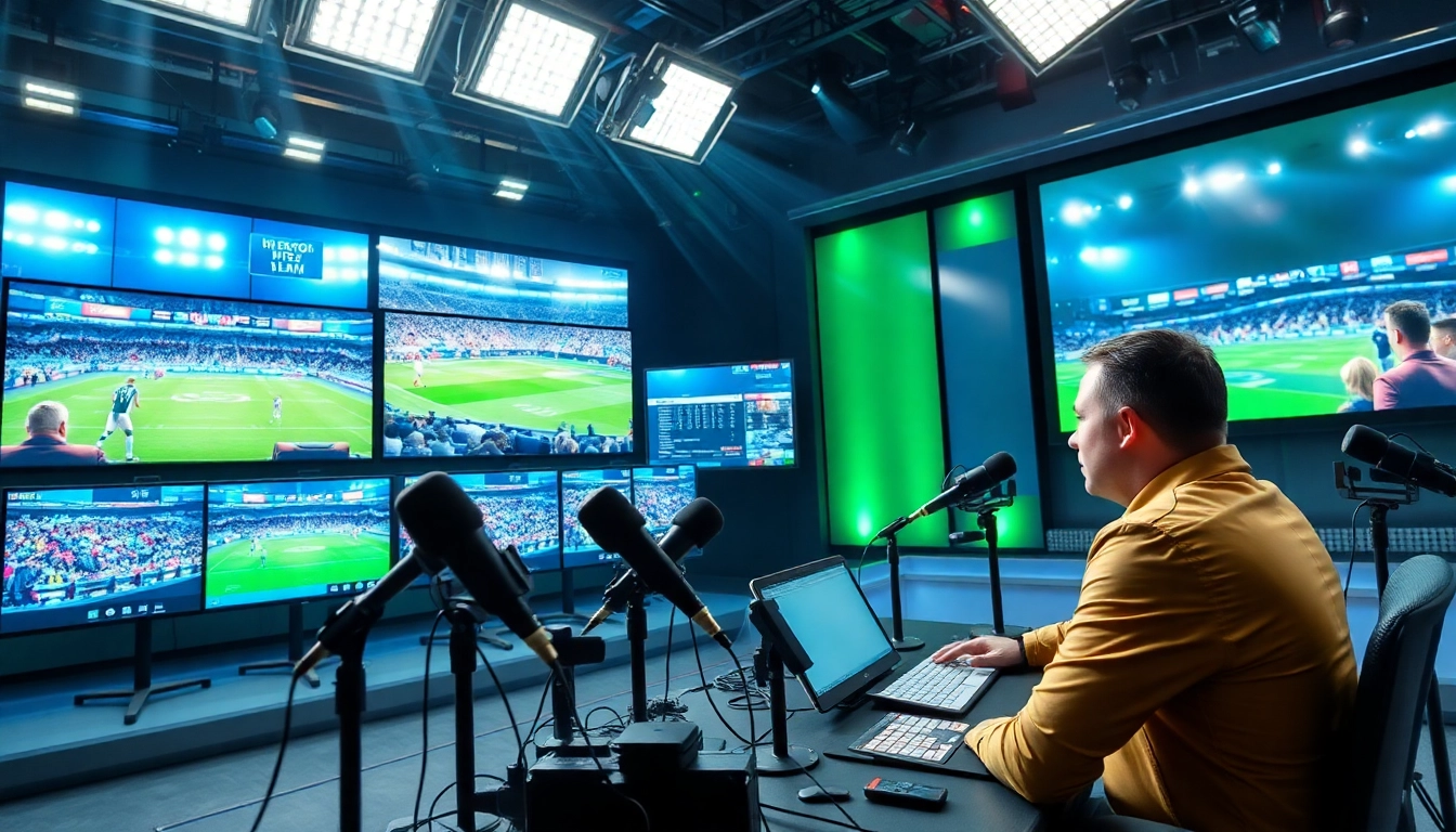 Engaging sports broadcasting studio with analysts discussing live sports highlights.
