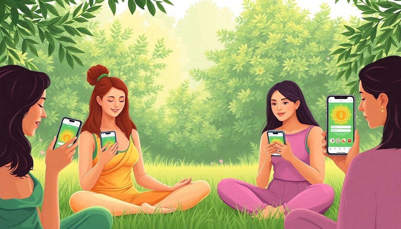 Engaged users exploring the Ayurveda Mobile App in a serene setting, highlighting wellness.