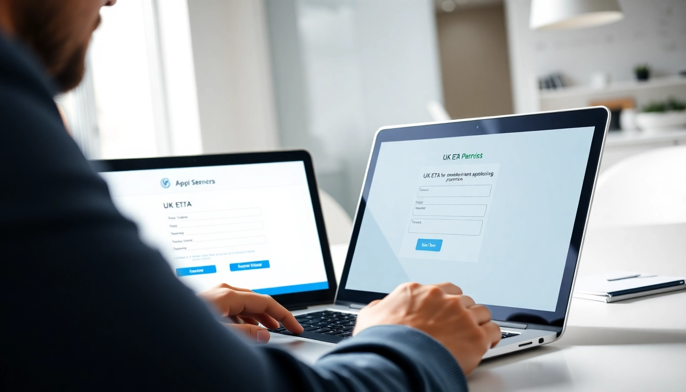 Efficiently completing eta application uk on a laptop in a modern office setting.