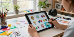 Custom pins being designed in a vibrant creative workspace with colorful samples and sketches.