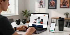 Steroide Boutique online shopping experience with fitness products and motivational decor.