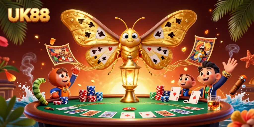 Engage with UK88's thrilling casino scene featuring vibrant poker action and a majestic atlas moth.