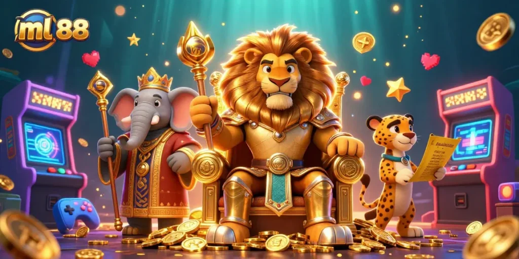 Engage with ml 88's thrilling online casino experience featuring vibrant animated characters.