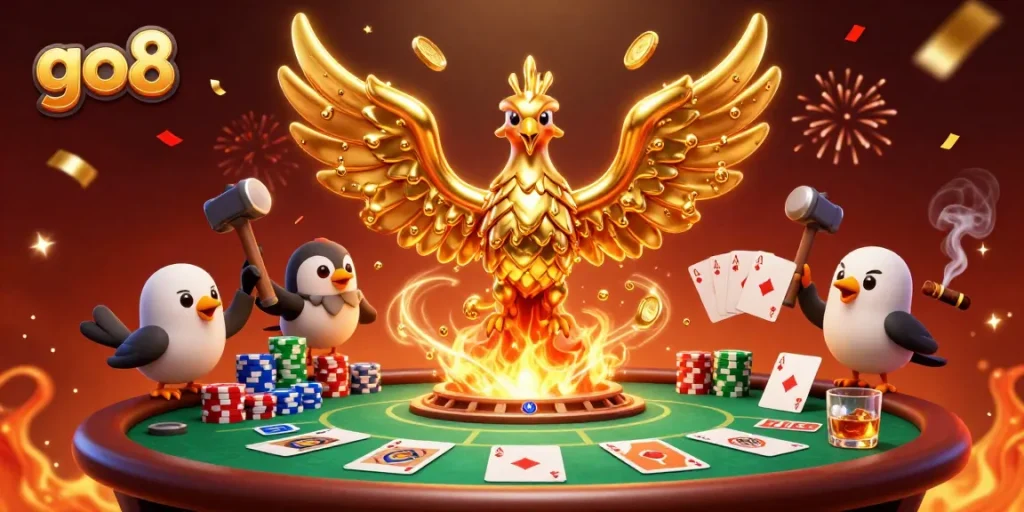 Engage in thrilling poker action with go8's golden phoenix and exciting game elements.