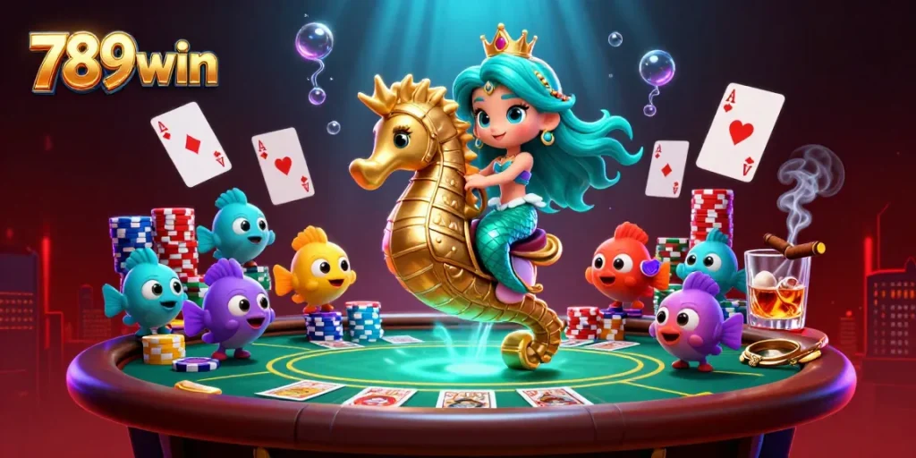 Engage in the thrilling underwater world of 789win with a mermaid and seahorse at a vibrant poker scene.