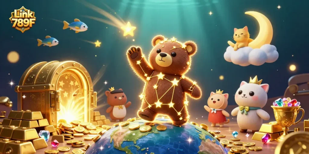 Experience wins at Link 789F with 3D constellation bear and treasure elements in a vibrant casino scene.