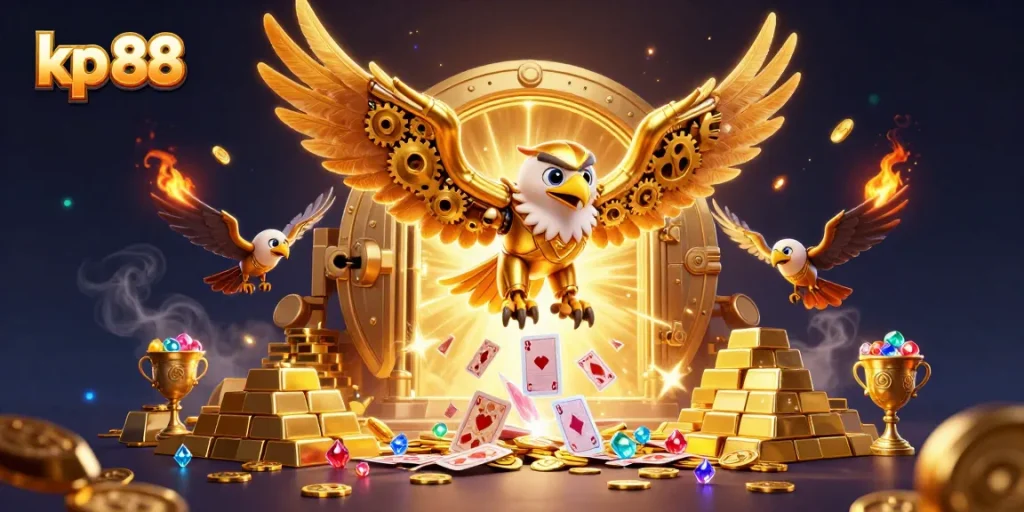 Engage in thrilling gaming adventures at kp 88 with vibrant 3D illustration of a cybernetic eagle.