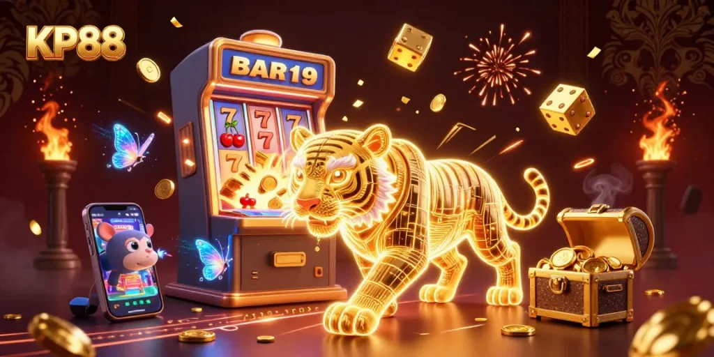 Experience the excitement of KP88's digital casino with a neon tiger and jackpot explosions.