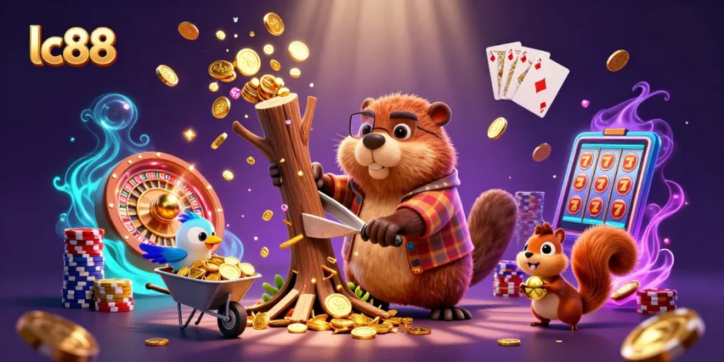 Win big with LC88 by spinning and collecting gold coins in a vibrant casino scene.