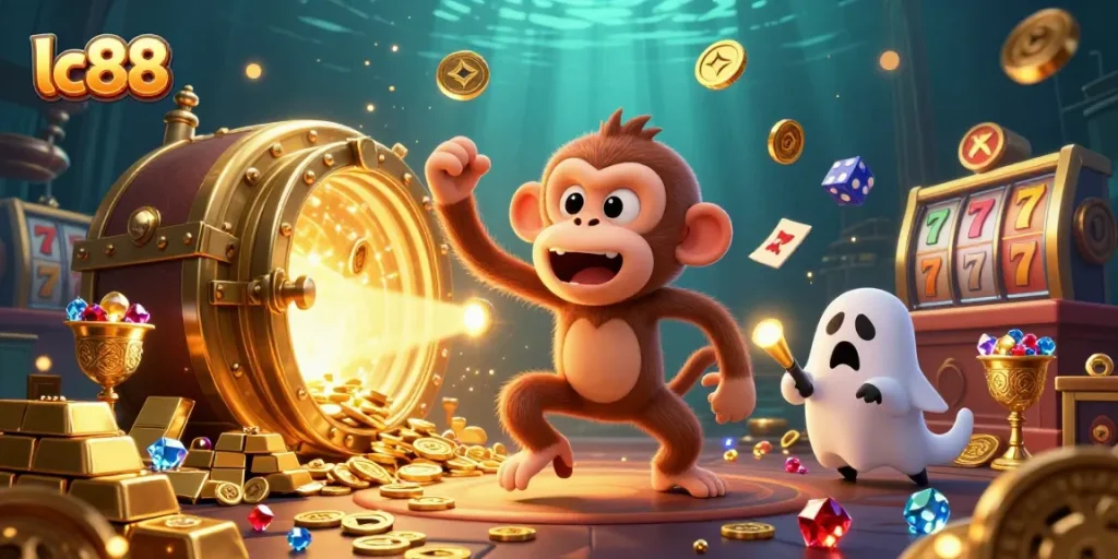 Experience the excitement of lc88 with a mischievous monkey and a curious puppy in a vibrant casino.